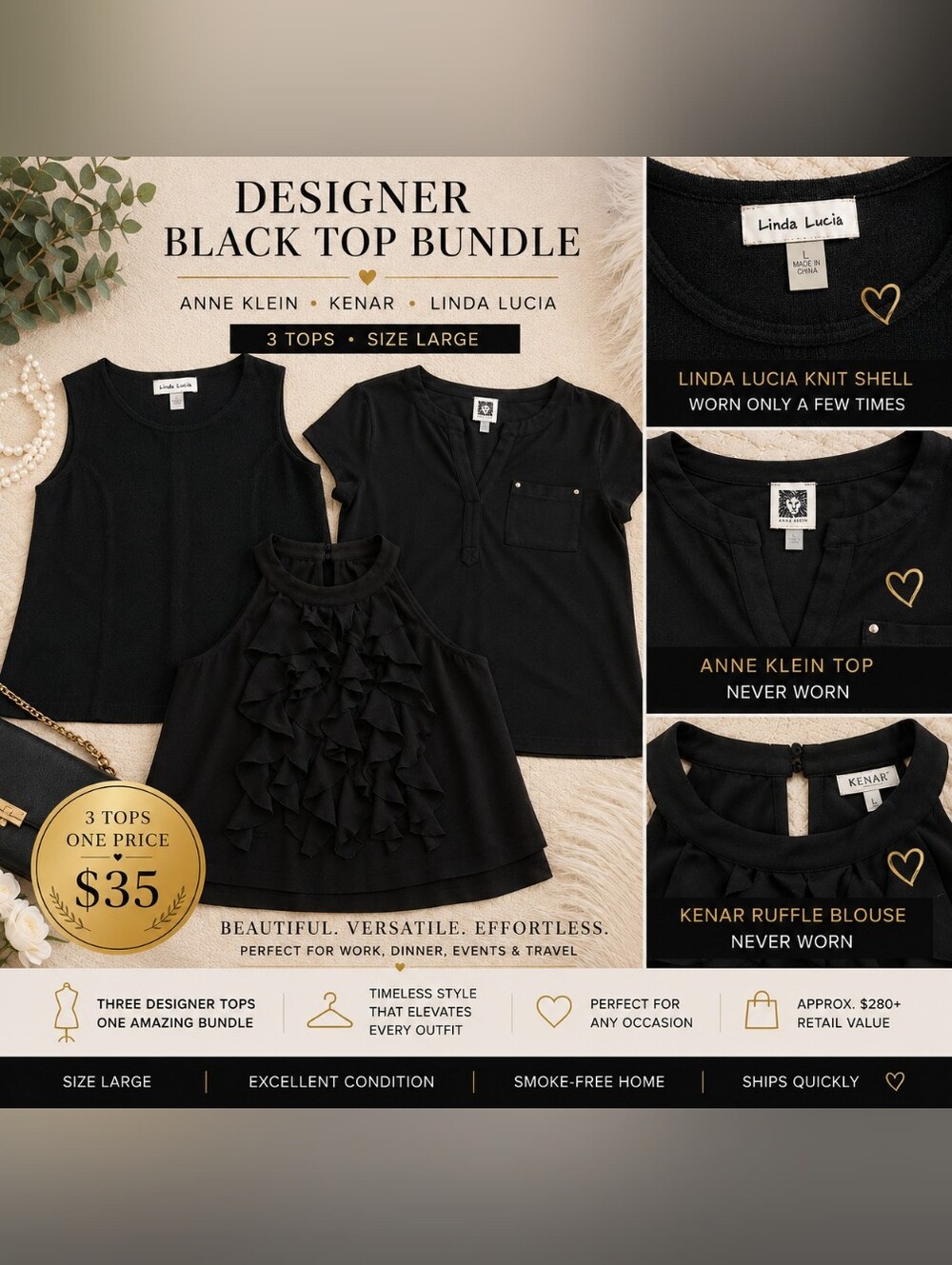 🦚Designer Black Top Bundle | Anne Klein, Kenar & Linda Lucia | Size L